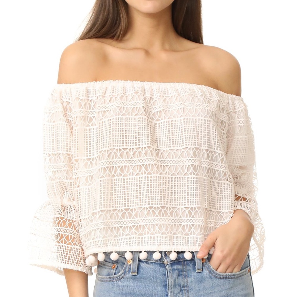 Tularosa Off the Shoulder Blouse with Pom Poms